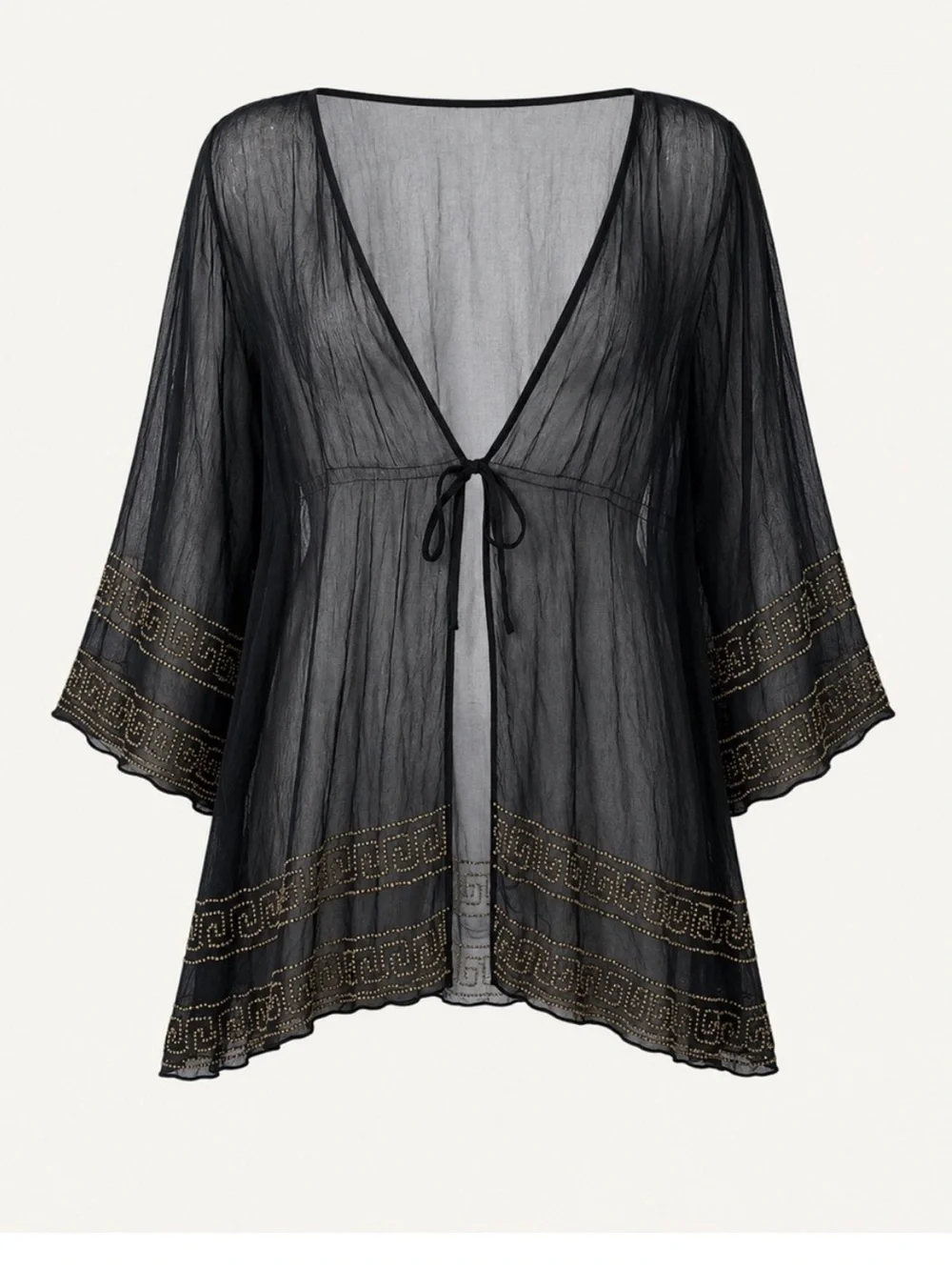VICTORIA’S SECRET Sheer Black & Gold Beaded Flowy Kimono Cover Up Robe
